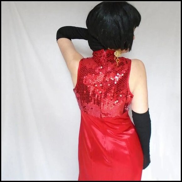 Vintage Red Satin Cheongsam Gown Empire Waist, 40s 50s Style by ZumZum -80s - Picture 8 of 15